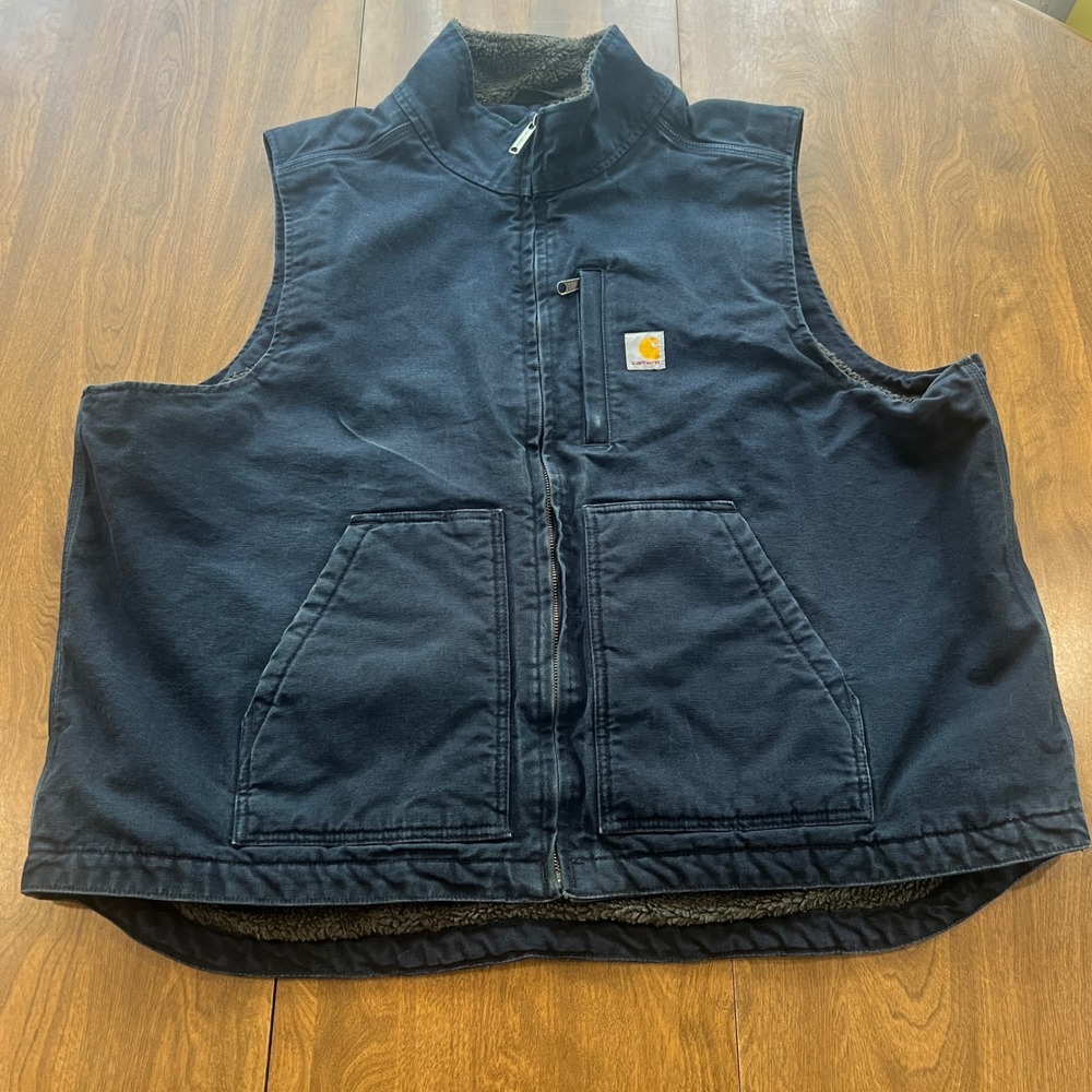 Carhartt Mens 2XL Loose Fit Washed Duck Sherpa-Lined Vest Navy Blue OV4277-M